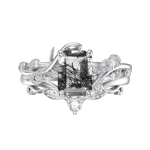 Natural Moss Agate Ring for Women 925 Sterling Silver Pear/Oval/Kite/Heart/Hexagon/Emerald/Coffin Cut Green Leaf Moss Agate Engagement Ring Promise Bridal Set Anniversary Birthday Jewelry Gifts - color: Emerald Cut Black Rutilated Quartz