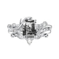 Natural Moss Agate Ring for Women 925 Sterling Silver Pear/Oval/Kite/Heart/Hexagon/Emerald/Coffin Cut Green Leaf Moss Agate Engagement Ring Promise Bridal Set Anniversary Birthday Jewelry Gifts - color: Emerald Cut Black Rutilated Quartz