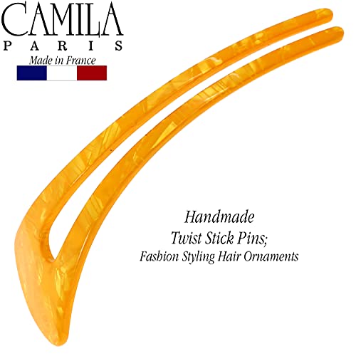 Camila Paris CP3166 French Twist Stick Clip Pins, Orange, Wavy Hair Pin U-Shaped Hair Fork for Girls Spiral Updo Chignon Bun Holder, Fashion Flexible Styling Hair Accessories for Women, Made in France - color: 2-Prong Orange