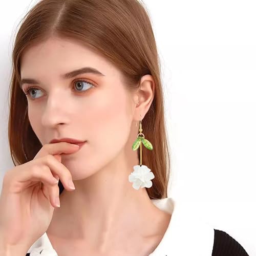 Resin Flower Cluster Ball Dangle Drop Earrings for Women Spring Summer Bohemian Floral Petal with Green Leaf Earrings Vacation Party Jewelry - color: White