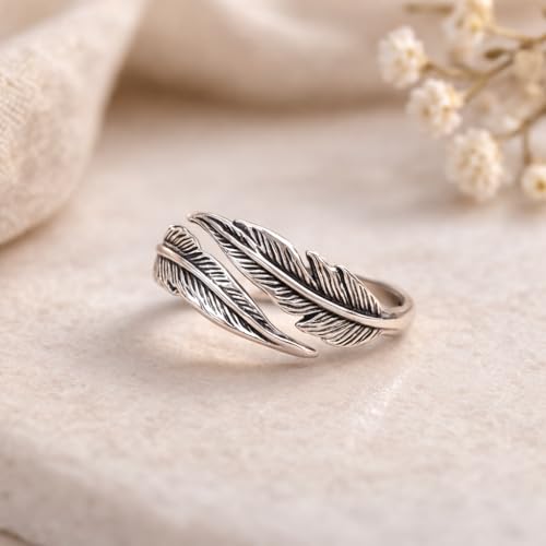 Silver Plated Feather Ring | 925 Silver Adjustable Open Ring | Vintage Leaf Design Inspirational Jewelry for Men & Women | Hypoallergenic Boho Statement Ring - color: Plain leaf