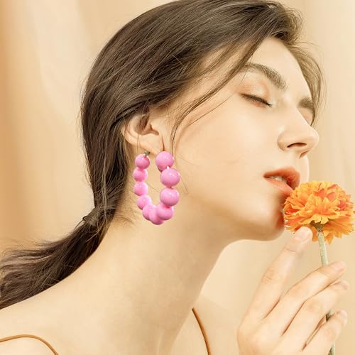 Summer Candy Colored Bead Earrings Lightweight Dainty Acrylic Geometry Hoop Earrings for Women Cute Boho Chic Handmade Jewelry - color: Pink