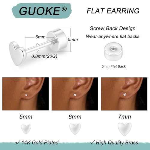 3 Pair Tiny Flat Back Earrings for Women - 14K Gold/White Gold Plated Dainty Cute Small Screw Flatback Stud Earring, Everyday Wear Gift - color: Heart Flat-5/6/7mm Silver