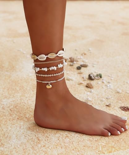 Shell Ankle Bracelets Set for Women Boho Bead Anklets Hawaiian Summer Beach Seashell Pearl Disc Puka Cowrie Conch Foot Chain Jewelry Gifts Gold Tone Adjustable - style: Shell