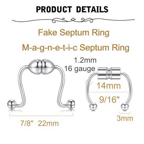 MODRSA Fake Nose Stud Fake Nose Ring Stud Fake Nose Piercing Fake Lip Ring Fake Earrings Stud Silver Gold Fake Cartilage Helix Earring Clip on Earring Hoop Fake Eyebrow Ring Fake Bridge Piercing - color: H-Fake septum - silver black