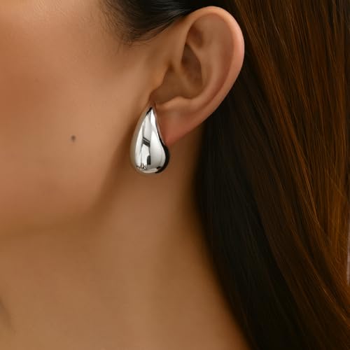 14K Gold Clip On Earrings Women,Teardrop Chunky Detachable Hoop Clip-On Earrings for Non Pierced Ears Hypoallergenic Lightweight Earring Clips - color: Silver