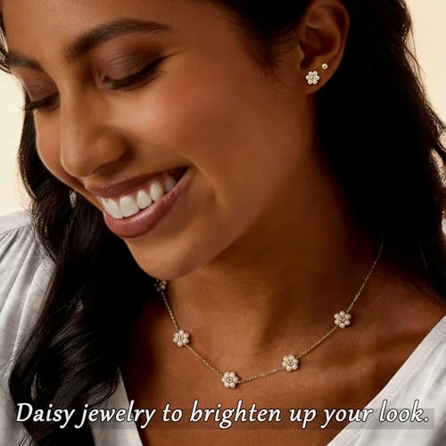 SmileBelle 2 Pairs Daisy Bow Gold Earrings Set for Women, Pearl Bow Earring for Women X Minimalist earrings Seashell Simple Dainty Earrings, Beach earring Gold Stud Earring for Women Trendy - style: Daisy earrings set