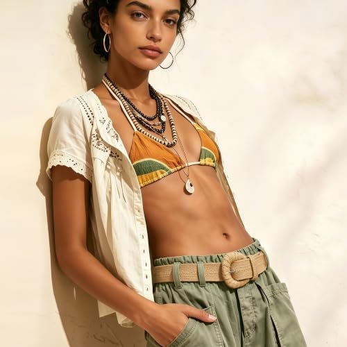 HOTWILL Women Straw Woven Belt Boho Elastic Stretch Braided Waist Belts for Summer Dresses - color: Camel_d Ring Buckle