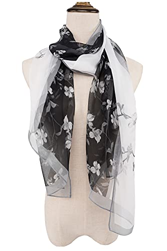 YOUR SMILE Ladies/Women's Lightweight Floral Print/Solid Color mixture Shawl Scarf For Spring Summer season - color: Black Blossom