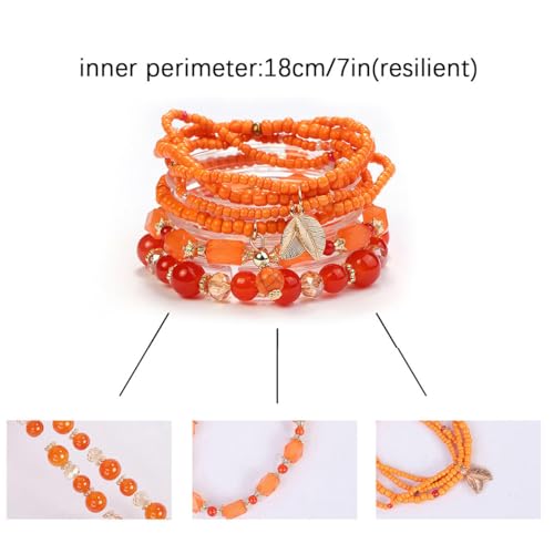 Caiyao 4Pcs Bohemia Multilayer Stackable Beaded Bracelets Set Colorful Crystal Stone Gold Beaded Stretch Bracelets Hawaii Charm Bracelet for Women Men Summer Beach Boho Vacation Jewelry Gifts - color: 7pcs orange