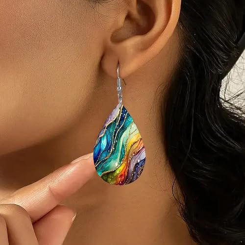 PU Teardrop Earrings for Women Vintage Color Art Personality Aesthetic Earrings Lightweight Double Sided PU Printed Leather Earrings Boho Jewelry Gifts