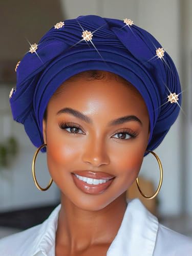 Woeoe Women African Turban Pre-Tied Twisted Beanie Cap Headwear Rhinestone Soft Stretchy Head Turbans - color: Royal Blue