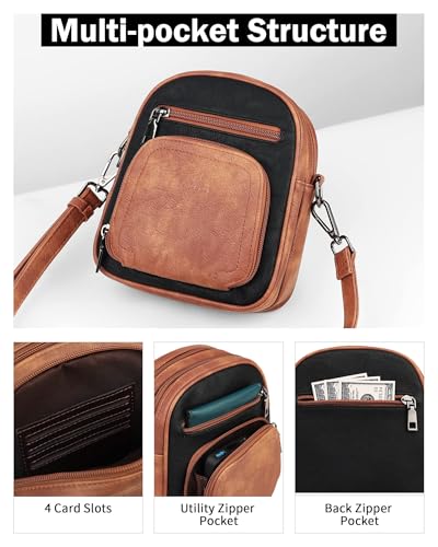 FADEON Small Purses for Women Crossbody Bags, Designer PU Leather Mini Cross Body Purse Travel Shoulder Bag Card Slots - color: Retro Black With Brown