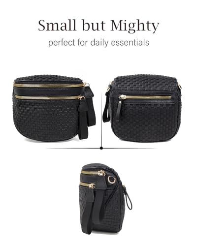 Valentoria Large Woven Leather Crossbody Bags for Women Checkered Bum Bag Sling Bag Purse Adjustable Strap Detachable Wallet | Woven - color: Black Checkered