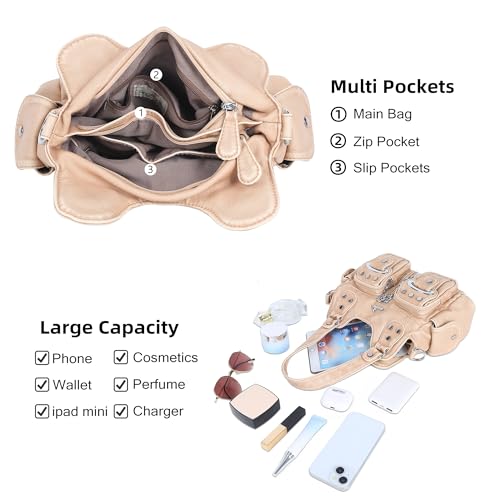 Angel Kiss Small Hobo Purses for Women, Washed Vegan Leather Multi-Pocket Purse, Shoulder Handbag with Adjustable Strap - color: Retro Apricot
