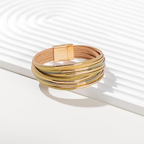 FANCY SHINY Boho Leather Bangle Bracelets Stackable Noodle Tube Bracelets Layered Wrap Cuff Bracelets with Magnetic Clasp - color: Sand