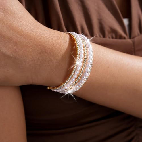 Silver Pearl Bracelet for Women Sparkly Stretch Rhinestone and Pearls Bangle Cuff Adjustable Faux Diamond CZ Bracelets Bling Wedding Costume Jewelry - color: Gold-5Row