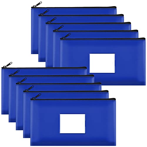 SMARTAKE 10-Pack Bank Deposit Money Bags with Zipper, Leather Bags Wallet Pouches with Label, Makeup Bags, for Cash, Coins, Cosmetics, Invoice, Bills, Tools, 11.5 x 6.2 Inches (Blue) - color: Blue