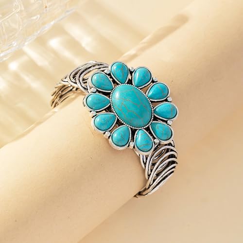 4 PCS Western Turquoise Jewelry for Women Boho Vintage Navajo Pearl Necklace Earring Bracelet Ring Set Country Cowgirl Accessories for Gift - color: A-Blue