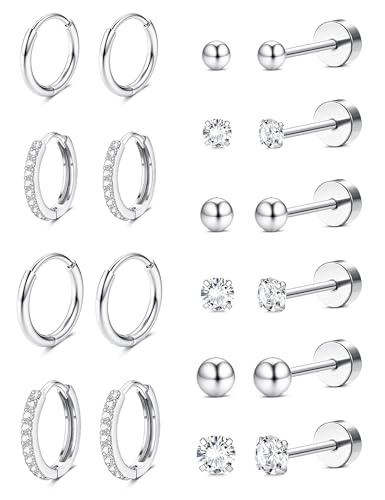 Jstyle 14K Gold Plated Stud Hoop Earrings for Women Hypoallergenic Surgical Steel Earring Stacks Silver Flat Back Earrings Trendy CZ Small Helix Cartilage Earring Sets for Multiple Piercing Jewelry