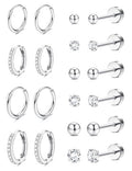 Jstyle 14K Gold Plated Stud Hoop Earrings for Women Hypoallergenic Surgical Steel Earring Stacks Silver Flat Back Earrings Trendy CZ Small Helix Cartilage Earring Sets for Multiple Piercing Jewelry