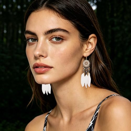 Boho Turquoise Drop Earrings Retro Long Copper Feather Tasse Metal Leaf Dangle Earrings Vintage Country Western Jewelry Cowgirl Ethnic Style Geometric Concert Festival Accessories for Women - color: Beige