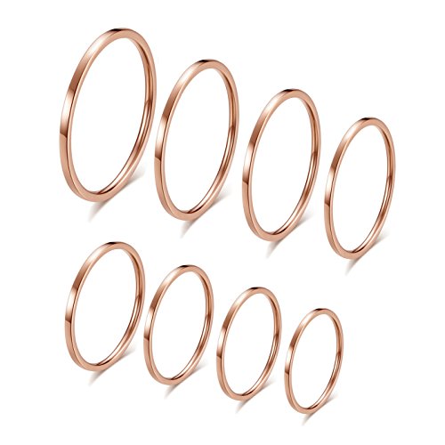 8pcs 1MM Thin Stainless Steel Knuckle Midi Stacking Rings for Women Plain Band Comfort Fit - color: Flat - Rose Gold 8pcs(size 3 to 10)