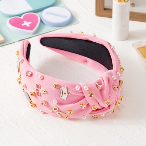 PANTIDE Nurse Jeweled Knotted Headband - Christmas Nurse Day Gift Medical Mask Rhinestone Crystal Pearl Embellished Headband Wide Top Knot Hair Accessories for Doctor Nursing Student Women Girl (Pink) - color: Pink Nurse
