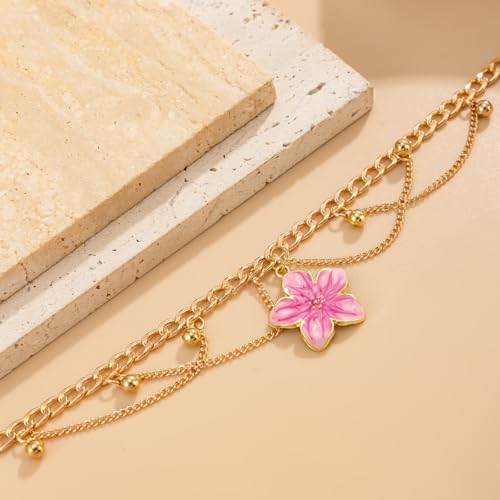 Fashion Layered Flower Charm Anklet for Women Golden Cuban Link Chain Tassel Waterproof Ankle Bracelet Adjustable Beach Vacation Foot Jewelry Summer Accessories - color: Pink floral