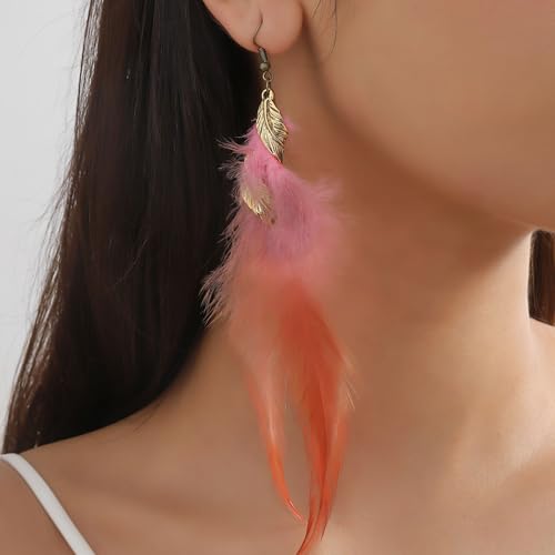 Feather Earrings for Women Bohemian Fringe Tassel Long Drop Dangle Earrings Lightweight Boho Statement earrings - color: pink