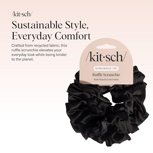 Kitsch Recycled Satin Ruffle Scrunchie – Gentle Hair Scrunchie for Women, Eco-Friendly Hair Tie No Damage, Stylish Ponytail Holder | Ideal Gifts for Women - Black - color: Black Ruffle