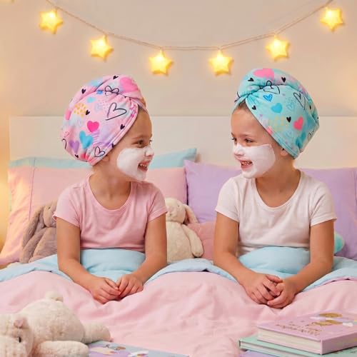 Basumee Microfiber Hair Towel Wrap for Kids 2 Pack Rapid Drying Hair Towel with Button Hair Turbans for Wet Hair Wraps Head Towel Wrap for Women and Girls, Blue - color: Blue