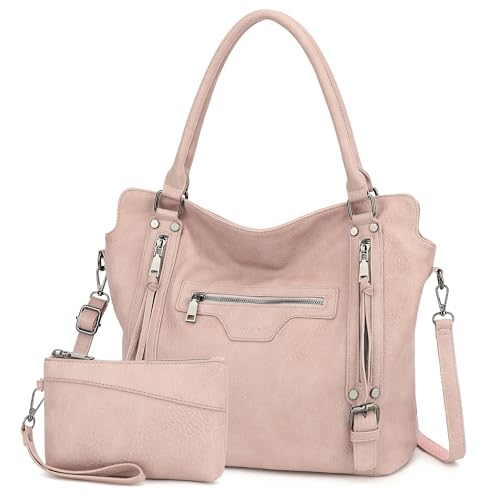 TANTOMI Tote Bag for Women Vegan Leather Purses and Handbags Ladies Waterproof Big Shoulder Bag for Travel - color: Pink-side Pockets