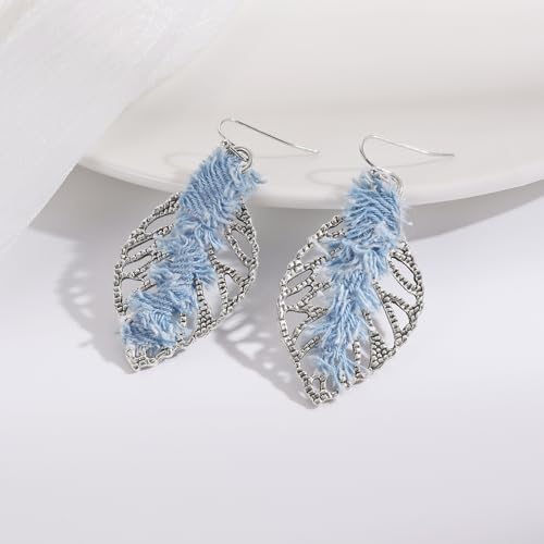 Coiris Bohemian Statement Dangle Earrings for Women Denim Leather Shells Pearl Polygonal Leaf Circle Drop Earrings for Women - style: Denim Leaf