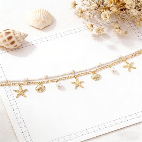 Gold Waist Chain for Women - 2Pcs Layered Body Chain Jewelry with Pearl Shell Beads, Adjustable Mermaid Belly Chain & Bohemian Waist Beads for Beach Summer Vacation Body Jewelry - style: white shell style