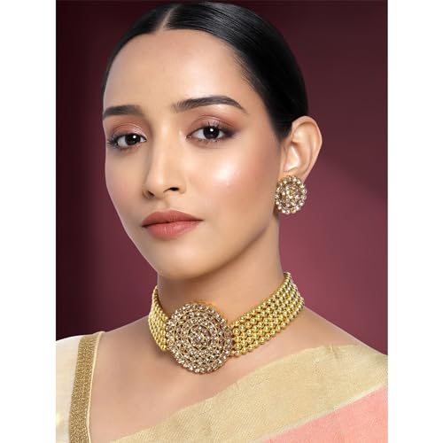 Aheli Pearl Diamond Choker Necklace & Round Earrings Gift for Women Indian Traditional Bollywood Fashion Bharatanatyam jewellery set - color: Champagne