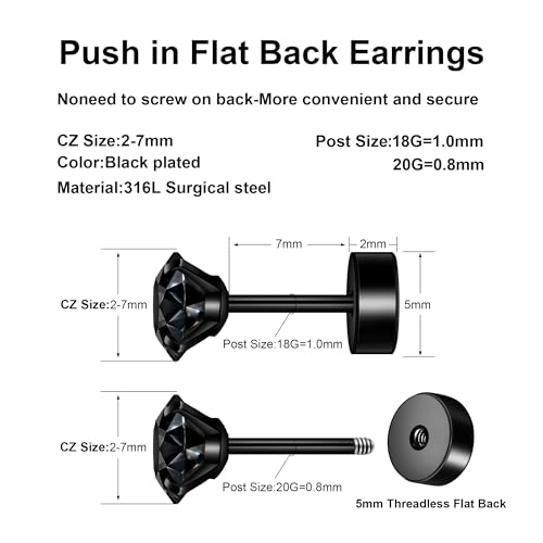 Flat Back Stud Earrings for Women - Hypoallergenic Surgical Steel Earrings with CZ Stones - 6 Pairs (18-20G) - color: Black, size: 18 G