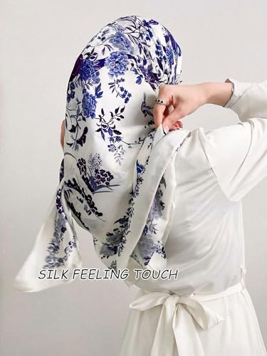 Silky Scarf for Women Lightweight Satin Bandanas Neck Hair Wrap For Sleeping Head Scarves 27.5" - color: A19 Beige Blue Pattern/27.5"
