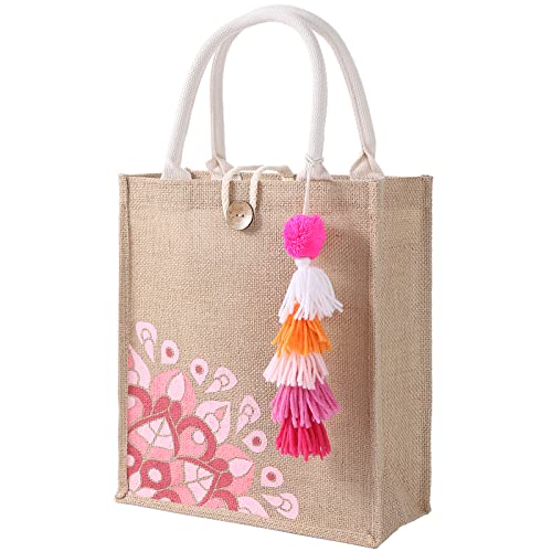itgowisa Jute Beach Bag for Women, Burlap Beach Tote Bag with Tassel Pocket, Summer Gift for Vacation, Pool, Cruise & Grocery | Jute material - color: Pink Tassel B