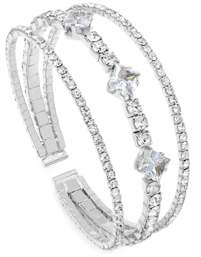 Women's Multi-Layer Rhinestone Cuff Bracelet Sparkling Crystal Tennis Bangle for Bridal Wedding Party - color: 1146 Silver