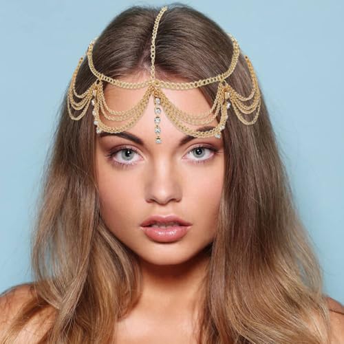 Dizila 8 Pieces Gold Head Chains with Leaf Bead Rhinestone Tassel Festival Prom Wedding Bridal Jewelry Boho Headbands Forehead Chains Headwear Headpieces for Women Girls