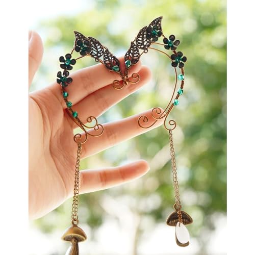 Elf Ear Cuffs, OwMell Handcraft Silver Pointed Fairy Elven Cosplay Fantasy Costume Bridal Wedding Earrings for Non Pierced Ears - style: Forest Mushroom