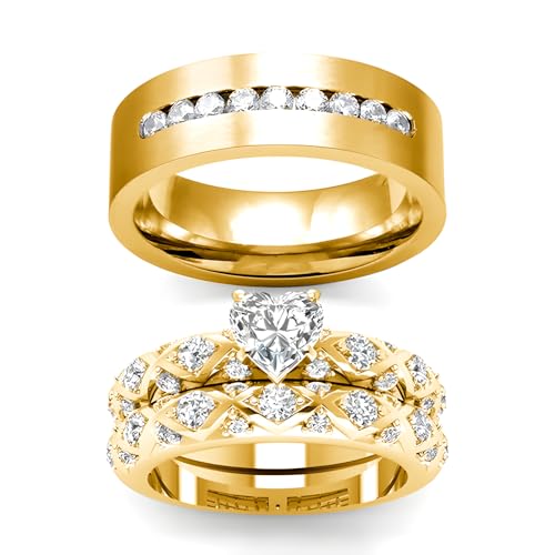 3Pcs Moissanite Wedding Rings Sets for Couples, s925 10K 14K 18K Real Gold Wedding Rings Sets for Him and Her, Customized Matching Engagement Bands Set for Men and Women Free Engraving - style: Style-10