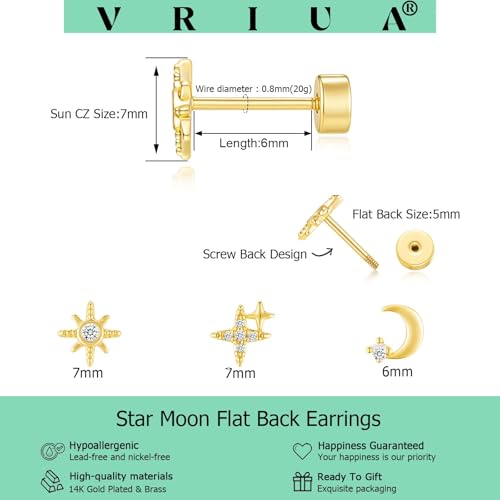 VRIUA 20G Tiny Flat Back Earrings for Women - 14K Gold/Silver Plated Small Flat Back Stud Earrings Hypoallergenic Cartilage Helix Piercing Jewelry - color: 4/5/6mm-Star Moon Flat Gold