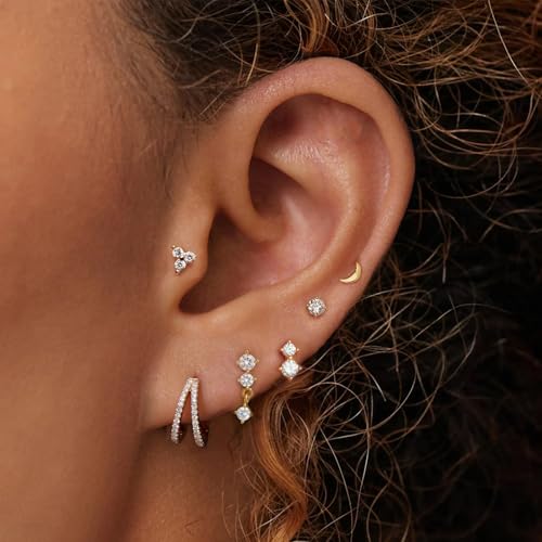 6 Pairs 14K Gold Plated Stud Earrings for Women, Hypoallergenic Cartilage Earrings for Multiple Piercing, Dainty Small Stackable Earrings Set for Jewelry Gift - color: Gold C