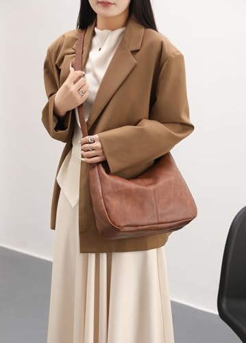 Hobo Bags for Women Foldable Vegan Leather Shoulder Handbag Slouchy Tote Crossbody Purses - color: Brown