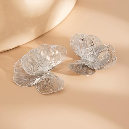 Gold Large Flower Dangle Earrings for Women Vintage Big Ginkgo Leaf Statement Silver Earring Trendy Oversized Floral Punk Jewelry Hip Hop Accessories - color: Silver