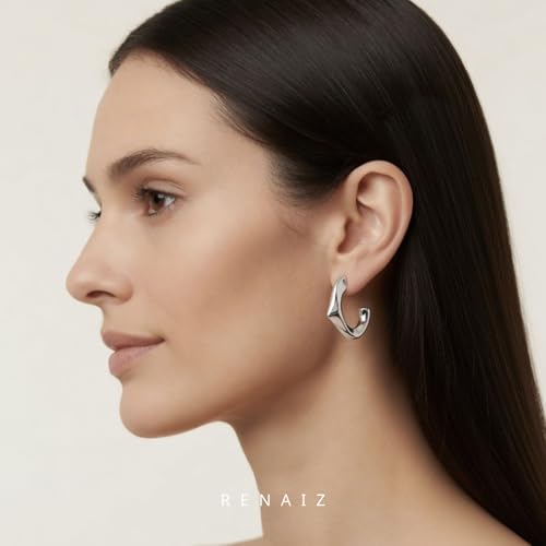RENAIZ Bold Statement Hoop & Stud Earrings for Women – 14K Gold & Rhodium Plated Maximalist Jewelry, Chunky Geometric Boho Earrings, Hypoallergenic Non-Tarnish Trendy Gift - color: White Gold, style: Abstract