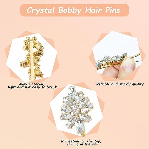 10 Pieces Rhinestone Hair Clips, Crystal Bobby Hair Pins Decorative Rhinestone Hair Barrettes for Wedding, Leaf Feather Sunflower Hair Clips Metal Hair Accessories for Women,4 Styles(Gold) - color: gold