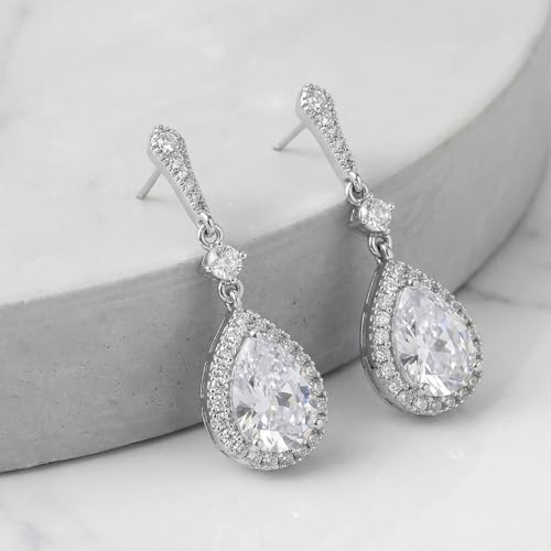 SWEETV Cubic Zirconia Dangle Earrings for Women, Teardrop Bridal Earrings for Wedding, Brides, Bridesmaids, Pear Shaped Drop Earrings for Women Prom Formal Party, Silver - color: Silver-Style4